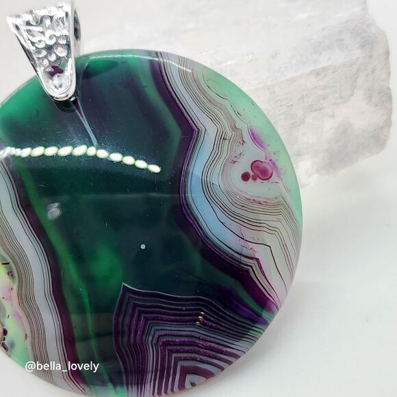 Large Purple Green Onyx Agate Round Pendant Necklace - Picture 1 of 6